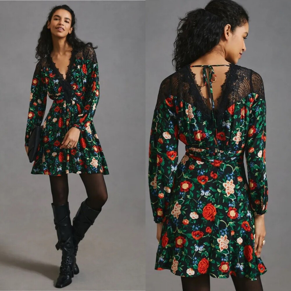 NWT Anthropologie Lacy V-Neck Mini Dress 8 Black Floral Long Sleeve $160